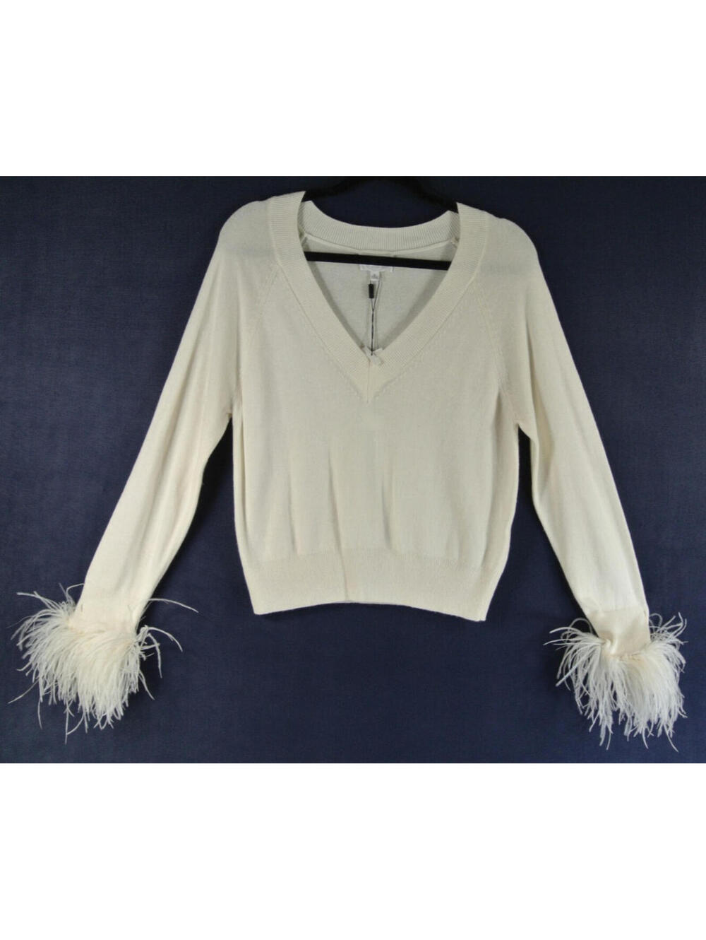 NEW, Milly Feather Cuff V-Neck Sweater in Ecru Sz S #S7603 - Picture 4 of 8